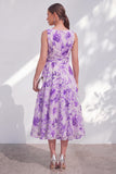 Purple Flower A Line V Neck Wedding Guest Dress with Belt