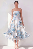 Orange Flower Strapless A Line Ruched Midi Wedding Guest Dress