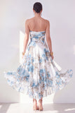 Orange Flower Strapless A Line Ruched Midi Wedding Guest Dress