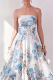 Orange Flower Strapless A Line Ruched Midi Wedding Guest Dress