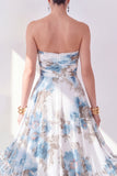Orange Flower Strapless A Line Ruched Midi Wedding Guest Dress