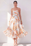 Orange Flower Strapless A Line Ruched Midi Wedding Guest Dress