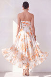 Orange Flower Strapless A Line Ruched Midi Wedding Guest Dress