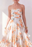 Orange Flower Strapless A Line Ruched Midi Wedding Guest Dress