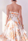 Orange Flower Strapless A Line Ruched Midi Wedding Guest Dress