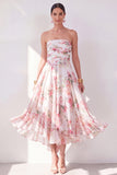 Orange Flower Strapless A Line Ruched Midi Wedding Guest Dress