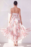 Orange Flower Strapless A Line Ruched Midi Wedding Guest Dress