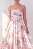 Orange Flower Strapless A Line Ruched Midi Wedding Guest Dress