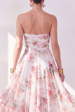 Orange Flower Strapless A Line Ruched Midi Wedding Guest Dress