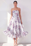 Orange Flower Strapless A Line Ruched Midi Wedding Guest Dress