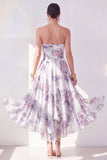 Orange Flower Strapless A Line Ruched Midi Wedding Guest Dress
