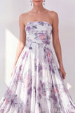 Orange Flower Strapless A Line Ruched Midi Wedding Guest Dress