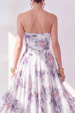 Orange Flower Strapless A Line Ruched Midi Wedding Guest Dress