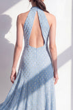 Halter A Line Olive Midi Wedding Guest Dress