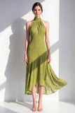 Halter A Line Olive Midi Wedding Guest Dress