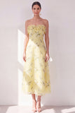 Yellow A Line Ruffled Strapless Chiffon Floral Wedding Guest Dress