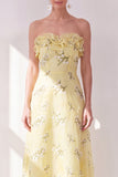 Yellow A Line Ruffled Strapless Chiffon Floral Wedding Guest Dress