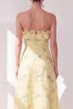 Yellow A Line Ruffled Strapless Chiffon Floral Wedding Guest Dress