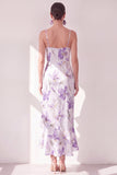 Lilac Flower Chiffon Ruffled Sheath Midi Dress with Slit