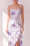 Lilac Flower Chiffon Ruffled Sheath Midi Dress with Slit