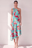 One Shoulder Blue Red Flower Asymmetrical Midi Dress