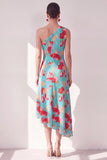 One Shoulder Blue Red Flower Asymmetrical Midi Dress