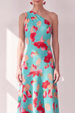 One Shoulder Blue Red Flower Asymmetrical Midi Dress