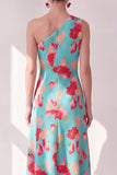 One Shoulder Blue Red Flower Asymmetrical Midi Dress