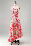 One Shoulder Blue Red Flower Asymmetrical Midi Dress
