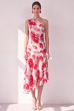 One Shoulder Blue Red Flower Asymmetrical Midi Dress