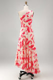 One Shoulder Blue Red Flower Asymmetrical Midi Dress