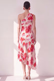 One Shoulder Blue Red Flower Asymmetrical Midi Dress