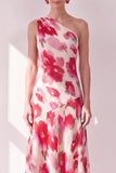 One Shoulder Blue Red Flower Asymmetrical Midi Dress