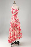 One Shoulder Blue Red Flower Asymmetrical Midi Dress