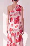One Shoulder Blue Red Flower Asymmetrical Midi Dress