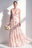 Apricot Printed Floral A Line V Neck Bridesmaid Dress with Ruffles