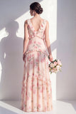 Apricot Printed Floral A Line V Neck Bridesmaid Dress with Ruffles