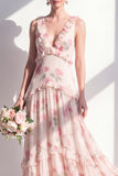 Apricot Printed Floral A Line V Neck Bridesmaid Dress with Ruffles