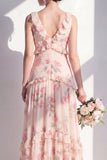 Apricot Printed Floral A Line V Neck Bridesmaid Dress with Ruffles