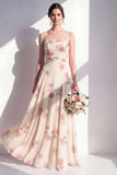 Floral A Line Apricot Spaghetti Straps Long Bridesmaid Dress