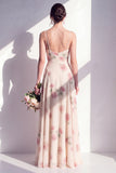 Floral A Line Apricot Spaghetti Straps Long Bridesmaid Dress