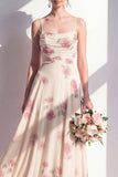 Floral A Line Apricot Spaghetti Straps Long Bridesmaid Dress