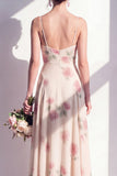 Floral A Line Apricot Spaghetti Straps Long Bridesmaid Dress