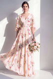 V Neck Apricot Floral A Line Bridesdmaid Dress with Flutter Sleeves