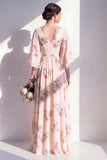 V Neck Apricot Floral A Line Bridesdmaid Dress with Flutter Sleeves