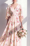 V Neck Apricot Floral A Line Bridesdmaid Dress with Flutter Sleeves