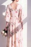 V Neck Apricot Floral A Line Bridesdmaid Dress with Flutter Sleeves