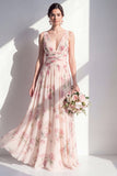 Aprioct Printed Floral Ruched A Line Bridesmaid Dress