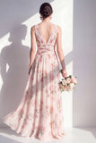 Aprioct Printed Floral Ruched A Line Bridesmaid Dress