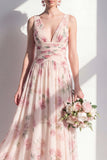 Aprioct Printed Floral Ruched A Line Bridesmaid Dress